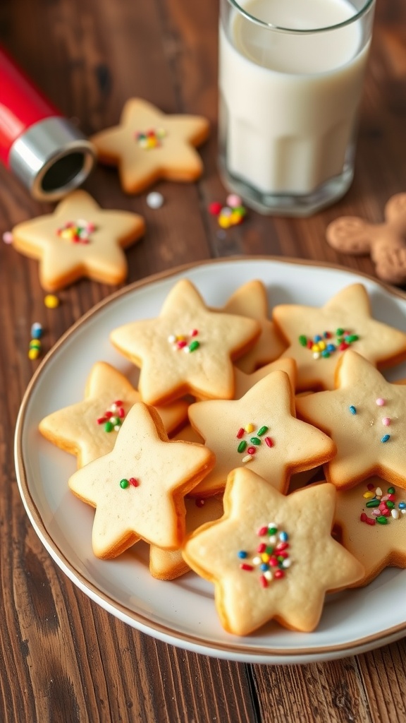A plate of butter cookies shaped by a cookie press, decorated with sprinkles and a glass of milk.